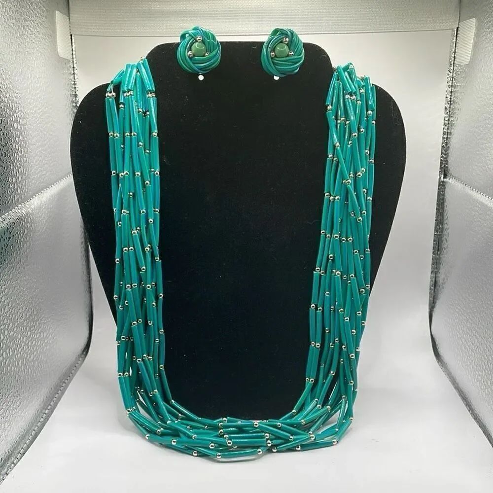Vintage Beaded Twisted Multistrand Necklace Clip On Earrings Green Gold Japan